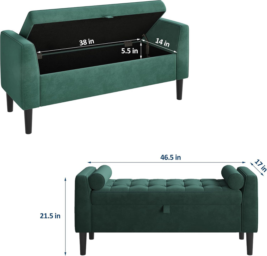 46.5 in Green Velvet Storage Ottoman Bench –Upholstered End-of-Bed Bench, Footrest Seat ,Multi-Functional Shoe Bench with Rolled Armrests & Wood Legs, for Entryway, Living Room, Bedroom & Hallway