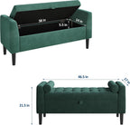 46.5 in Green Velvet Storage Ottoman Bench –Upholstered End-of-Bed Bench, Footrest Seat ,Multi-Functional Shoe Bench with Rolled Armrests & Wood Legs, for Entryway, Living Room, Bedroom & Hallway