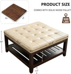 adochr 33'' PU Leather Large Square Ottoman Coffee Table with Storage, Upholstered Button Tufted Footrest Ottoman with Solid Wooden Tray,Coffee Table for Living Room,Ivory