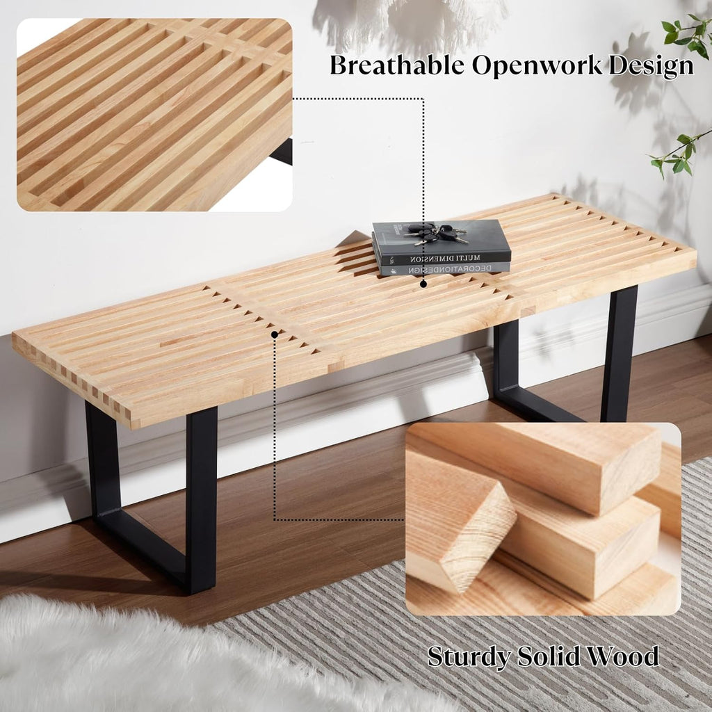 Wooden Dining Bench 55”Industrial Entryway Bench, Modern End of Bed Bench for Bedroom/Hallway, Natural Solid Wood Bench with W/Metal Legs for Dining Room/Living Room, Kitchen