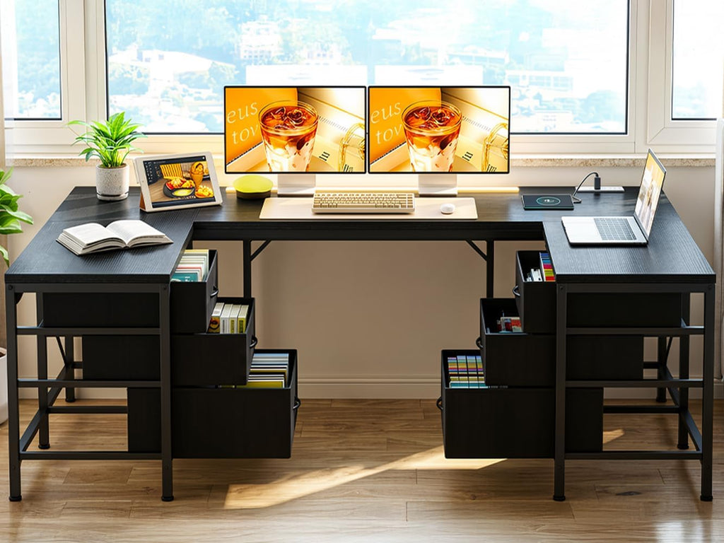 DurayLoly 67" U Shaped Gaming Corner Desk with Power Outlets & LED Lights,Computer Desk with 6 Drawers & File Cabinets,Home Office Desks Study Writing Table for Bedroom,Living Room,Black