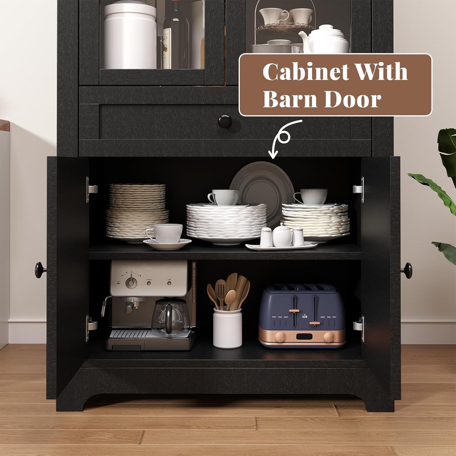 71" Tall Farmhouse Arched Storage Cabinet with Glass Door, Drawer and Barn Door, Versatile Pantry for Kitchen, Bathroom, Dining Room, Black