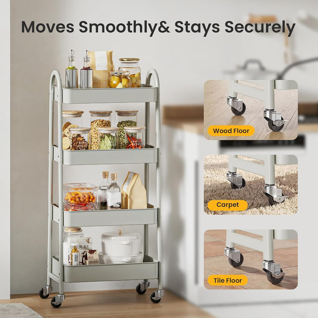 DUMOS 4 Tiers Metal Rolling Utility Cart with Lockable Wheels, Mobile Storage Organizer, Utility Shelving Unit for Kitchen, Office, Bathroom, Laundry, Narrow Places, White