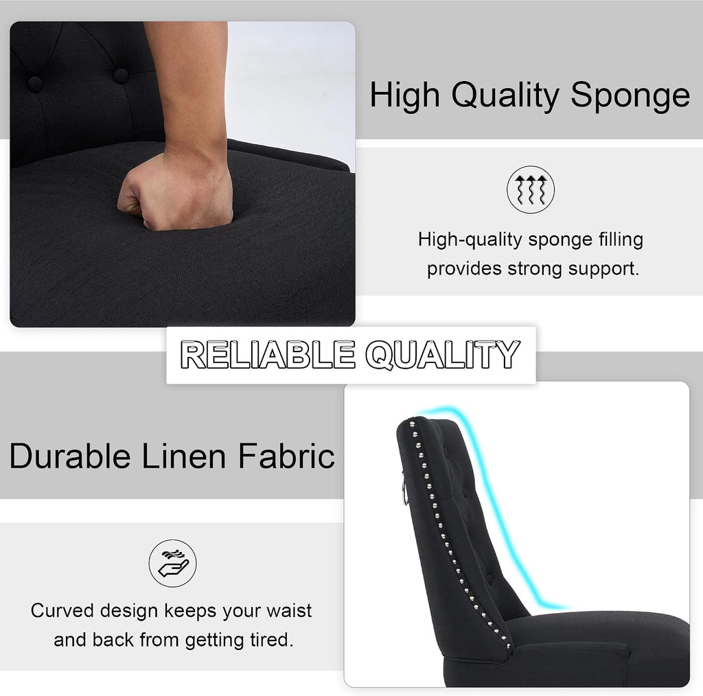 Upholstered Tufted Dining Chairs Set of 2, Fabric Side Dining Room Chairs with Nailhead Back Ring Pull Trim Solid Wood Legs(Black, 2PCS)