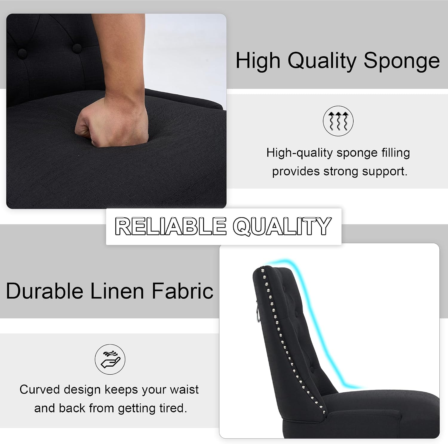 Upholstered Tufted Dining Chairs Set of 2, Fabric Side Dining Room Chairs with Nailhead Back Ring Pull Trim Solid Wood Legs(Black, 2PCS)