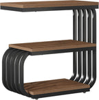 Tribesigns Small Narrow End Table with Storage Shelf, Industrial Side Tables with Curved Metal Frame, 3-Tier Accent Table and Nightstand for Living Room, Bedroom, Small Space (1, Brown)