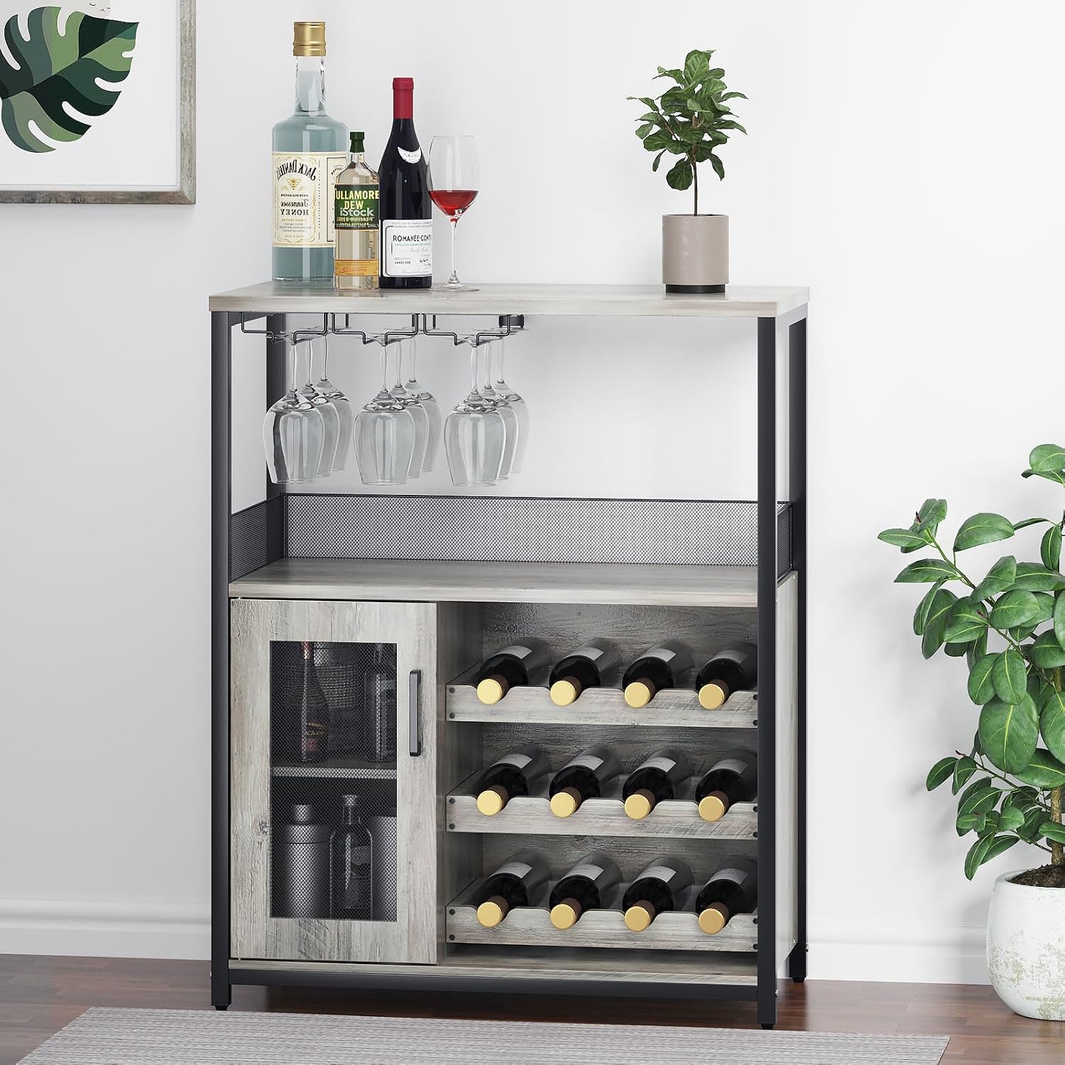 IDEALHOUSE Wine Cabinet with Large Storage Space and Detachable Rack, Small Sideboard and Buffet Cabinet with Mesh Door, Grey
