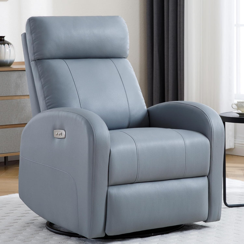 Power Swivel Rocker Recliner, Faux Leather Rocking Recliner Chair with USB Port, Swivel Glider Reclining Chair Nursery Recliners for Living Room, Blue