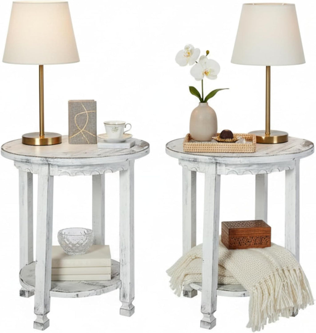 Alaterre Furniture Country Cottage Rustic Farmhouse Nightstand Set of 2-20in Small Round Side Table Set with Storage Shelf - Solid Wood Rustic Nightstands for Living Room or Bedroom (Antique White)