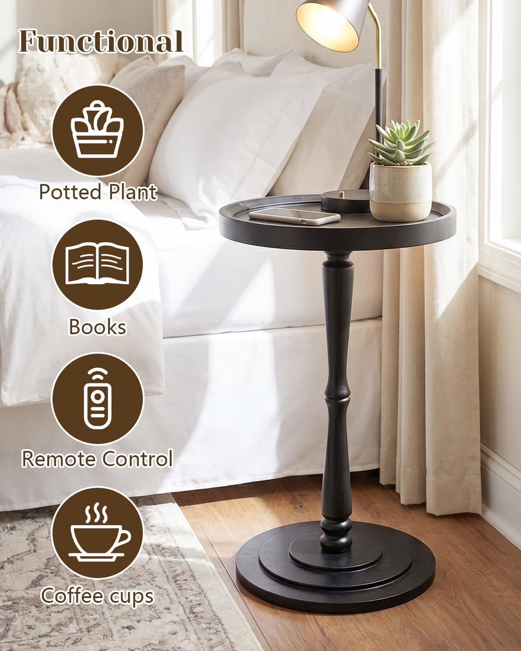 Small Round Side Table, Drink Table, Coffee Martini Table for Small Spaces Modern Accent End Table Nightstand with Solid Wood Leg for Living Room, Bedroom, Corners and Office (Black)