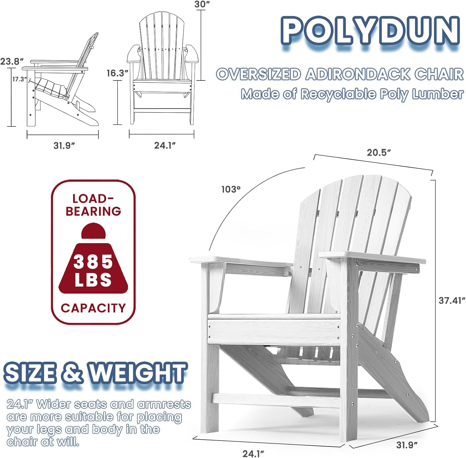 Farmhouse Adirondack Chair Set of 2, Poly Lumber Patio Chairs, Pre-Assembled Weather Resistant Outdoor Chairs for Pool, Deck, Backyard, Garden, Fire Pit Seating, White