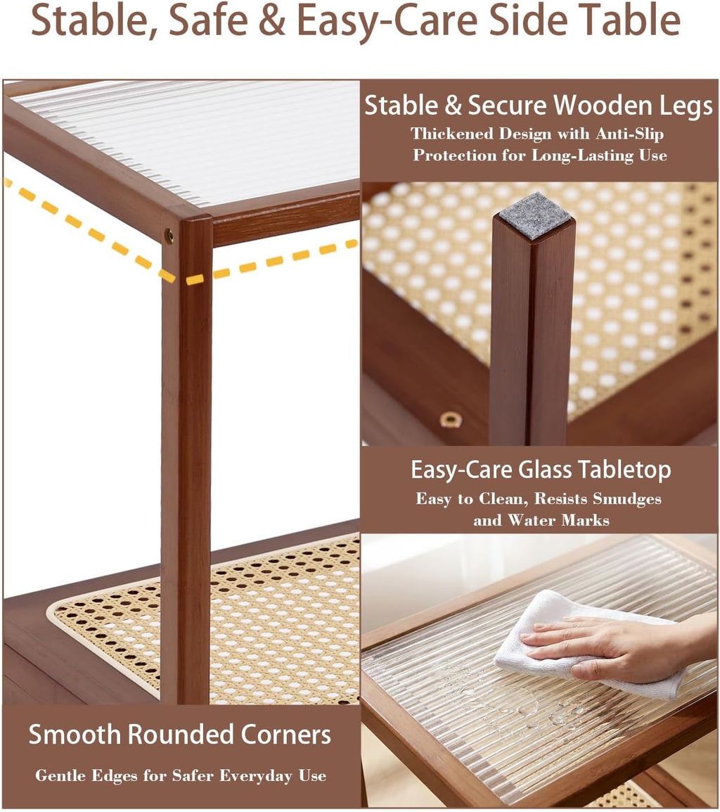Tiita Rattan Side Table, Mid Century Nightstand, 2-Tier Bamboo Accent Bedside Tables, Glass Coffee Tables, Boho Wooden Narrow End Table with Storage for Small Space, Living Room and Bedroom