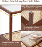 Tiita Rattan Side Table, Mid Century Nightstand, 2-Tier Bamboo Accent Bedside Tables, Glass Coffee Tables, Boho Wooden Narrow End Table with Storage for Small Space, Living Room and Bedroom