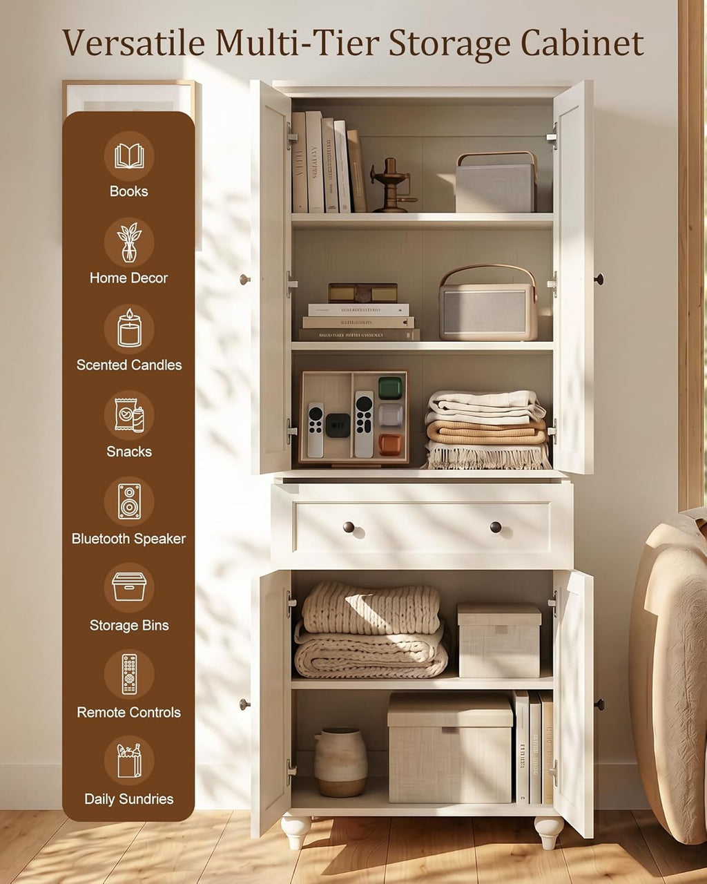 80" Tall Storage Cabinet with Louvered Doors and Adjustable Shelves, Farmhouse Kitchen Pantry Cabinet, Freestanding Storage for Dining Room, Living Room, Home Office, Bathroom, Rustic White