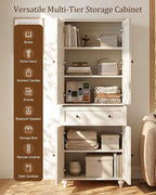 80" Tall Storage Cabinet with Louvered Doors and Adjustable Shelves, Farmhouse Kitchen Pantry Cabinet, Freestanding Storage for Dining Room, Living Room, Home Office, Bathroom, Rustic White