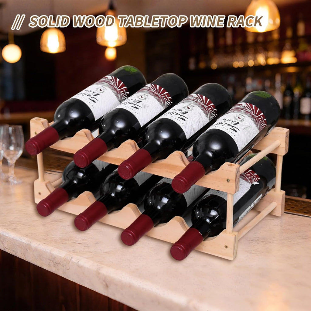 Wooden Wine Rack, countertop Wine Rack, 8-Bottle Stackable Wine Storage Rack, DIY Assembled Wine Holder, Used in Kitchens, countertops, etc (2 Layers with 8 Bottles)