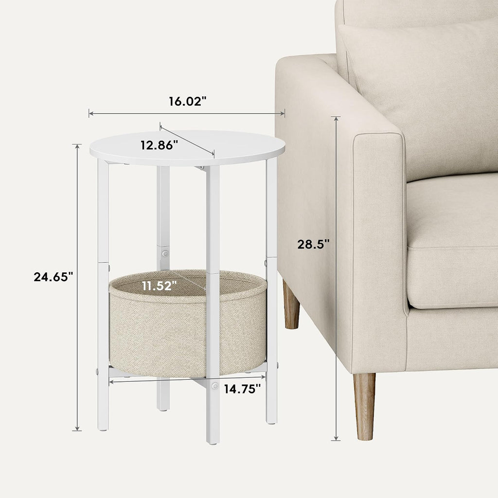 Vagusicc Round Side Table End Table with Storage Basket, Small Side Table Round Nightstand for Small Spaces, Tall Oval End Table with Steel Frame, Coffee Bedside Table for Living Room Bedroom, White