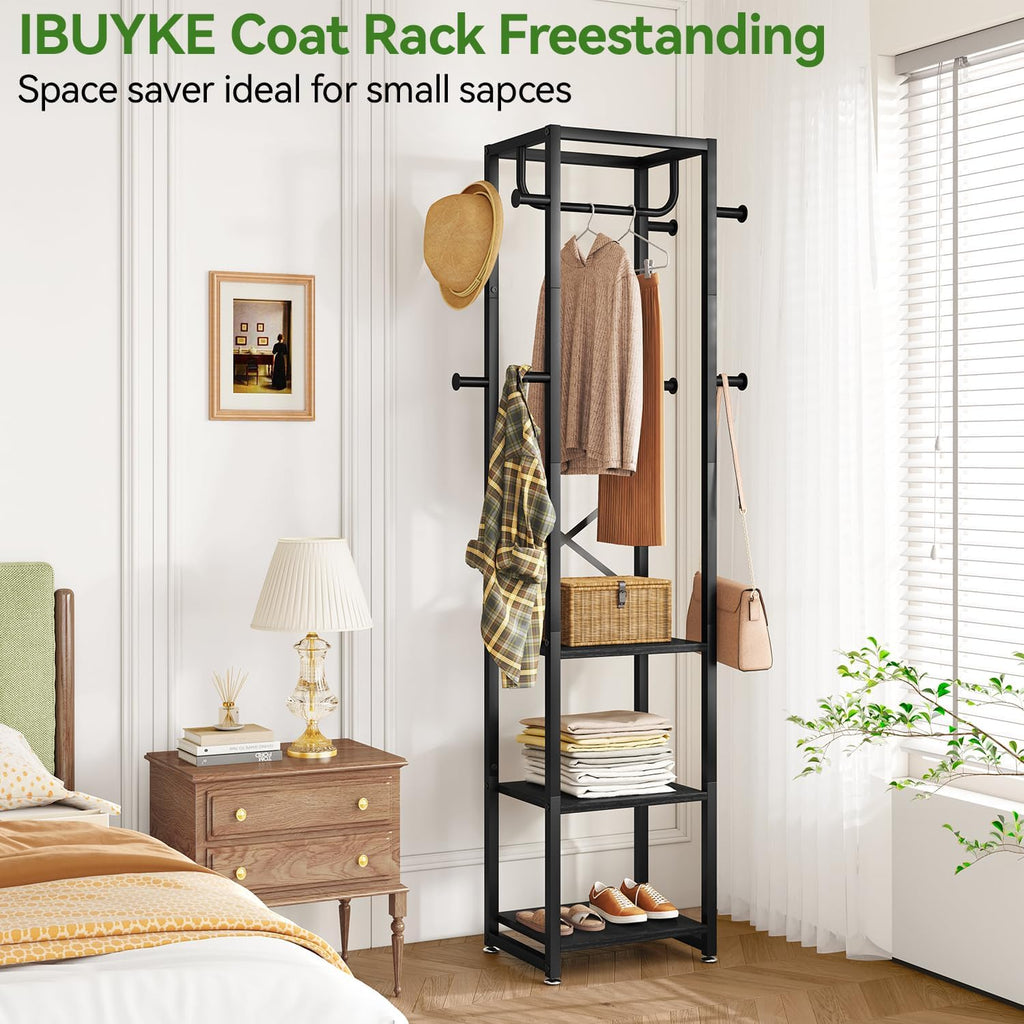 IBUYKE Freestanding Coat Rack,with 3 Shelves and 8 Hooks,Black UTMJ088B | Metal Frame,Industrial Hall Tree,Clothes Stand for Entryway, Hallway, Bedroom,Office, Living Room