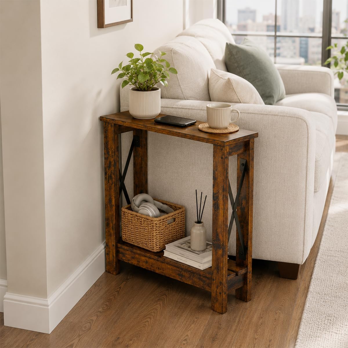 Slim Side Table, 6.6 Inch Ultra Narrow End Table with 2 Tier Storage, X-Frame Small Accent Table for Small Spaces, Gap Solution for Couch, Sofa and Living Room, Rustic Brown