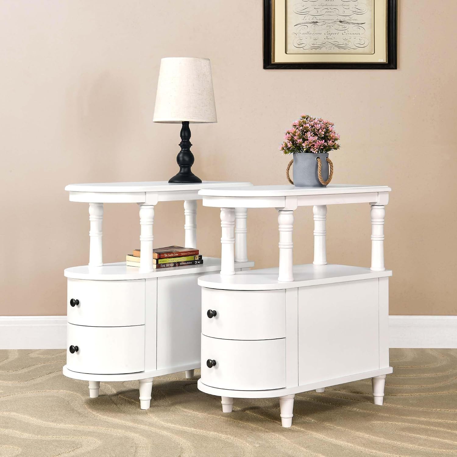 Narrow End Side Table with 2 Storage Drawers and Open Shelf, Retro Vintage Slim Sofa Beside Table, Solid Wood 11.4"W Telephone Table for Living Room, Small Corner, No-Tools Assembly White BG-A508-WT