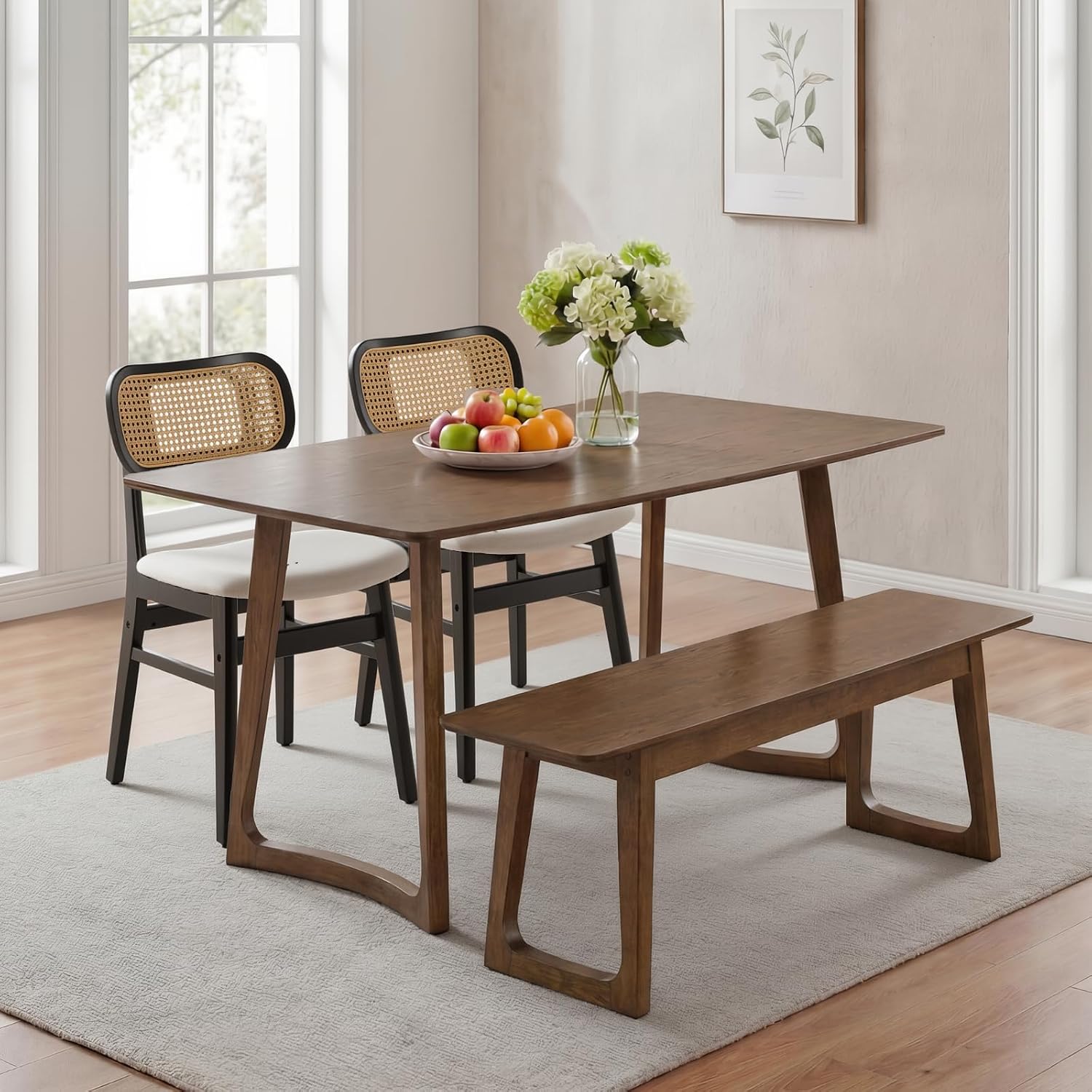 HNY 63'' Rectangular Wooden Dining Table, Farmhouse Kitchen Table for 4 to 6, Mid Century Modern Dinner Table for Breakfast/Dining Room/Restaurant/Living Room, Walnut