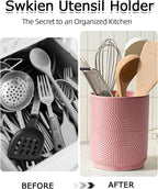 Utensil Holder, 7.2" Kitchen Utensil Holder for Counter, 2-in-1 Ceramic Cooking Utensils Holders with Spoon Rest, Utensil Crock for Spatula, Ideal Housewarming Gift (Pink)