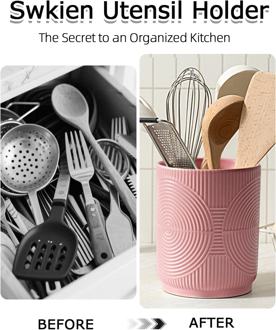 Utensil Holder, 7.2" Kitchen Utensil Holder for Counter, 2-in-1 Ceramic Cooking Utensils Holders with Spoon Rest, Utensil Crock for Spatula, Ideal Housewarming Gift (Pink)