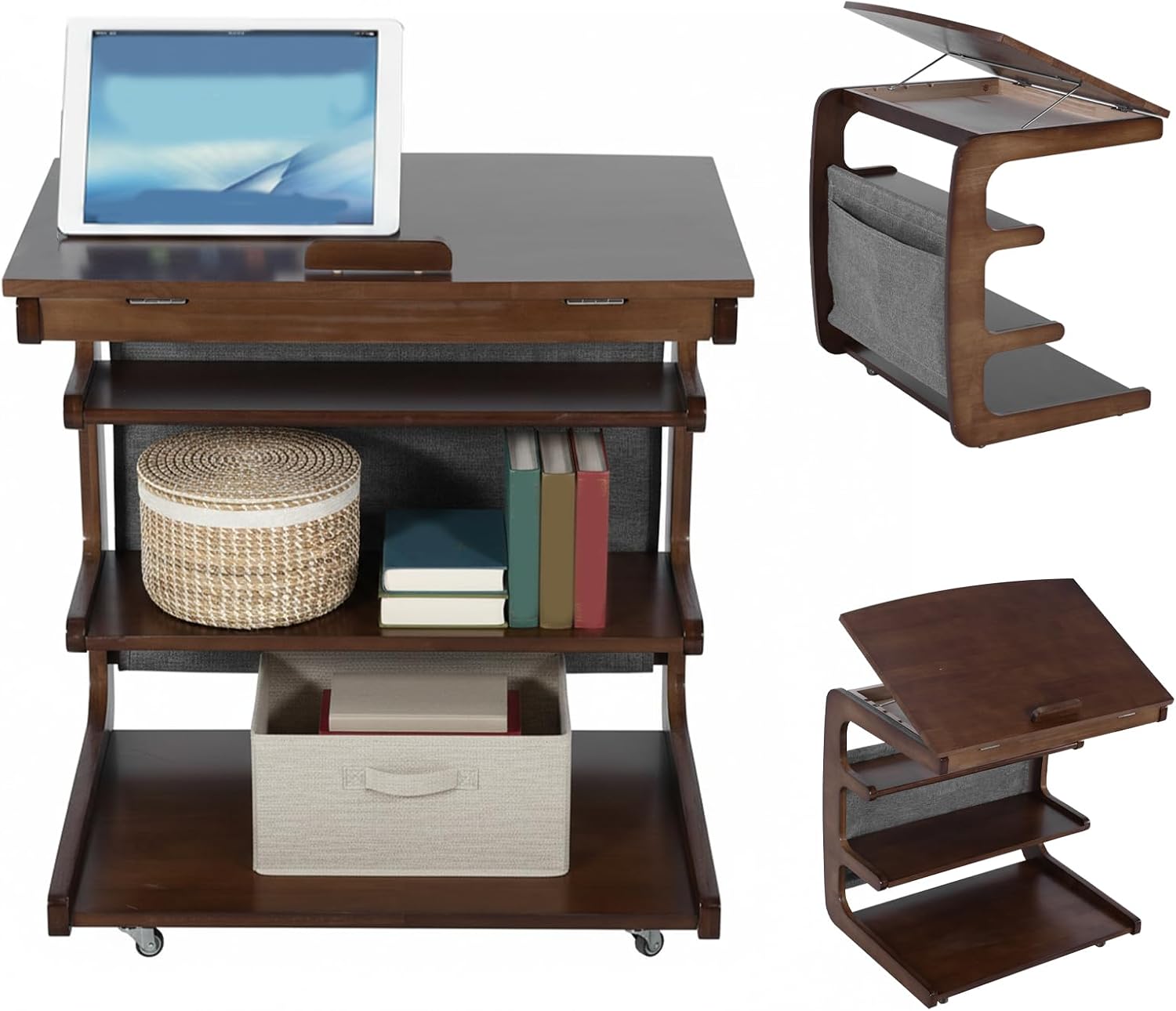 Wooden C-Shaped End Table with 2 Lockable Wheels 4-Tier Small Side Table with Storage Bag Adjustable Desktop 360 Degree Swivel TV Tray for Living Room Bedroom Use