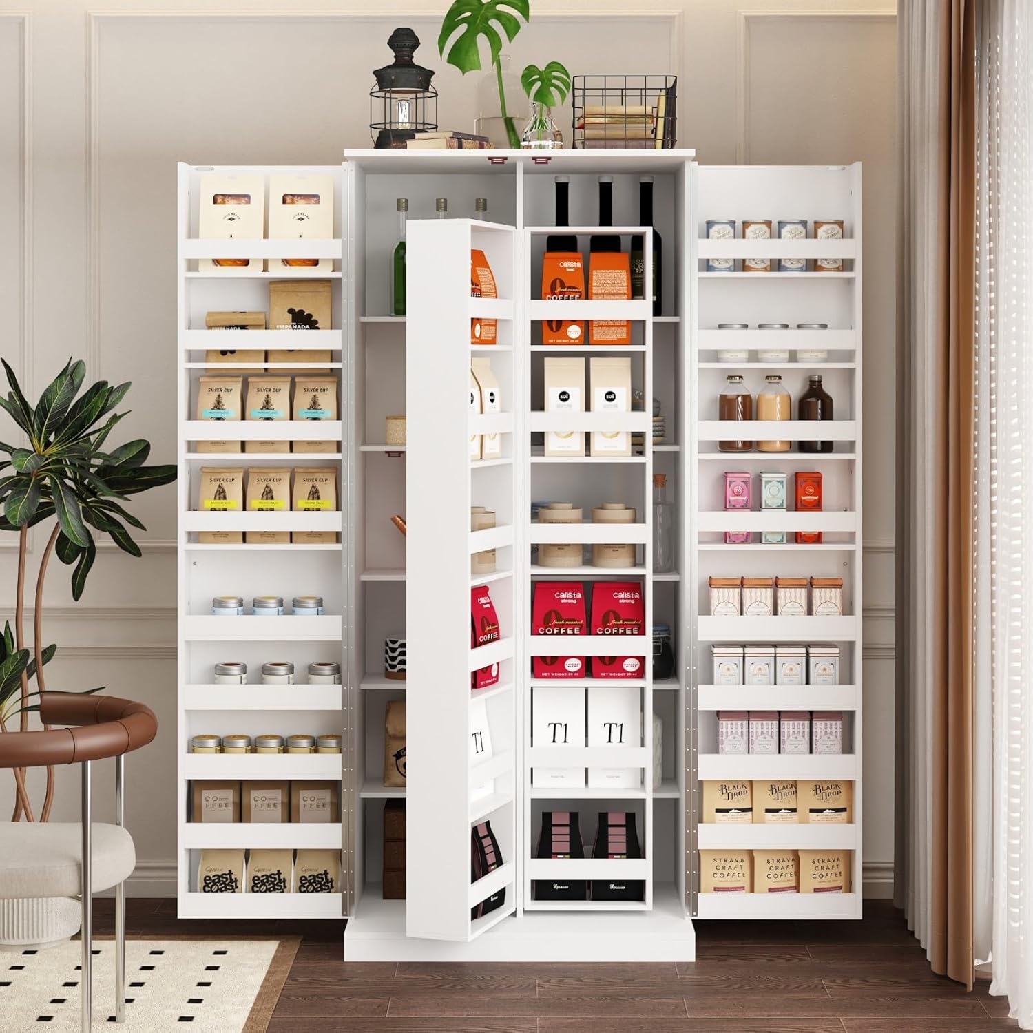 MOUMON Kitchen Pantry Storage Cabinet with Doors and Shelves, Rotating Racks, Tall Pantry Cabinet Cupboard with Door Racks, White, 19.7”D x 31.5”W x 72.2”H
