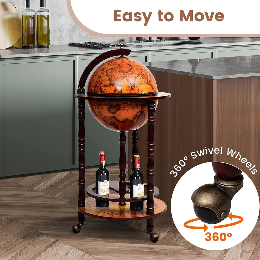 Goplus Globe Bar, 17.5” Liquor Globe Bar Cart with Wheels, Bottom Shelf, Old World Map, 16th Century Italian Replica Retro Wine Alcohol Stand, Globe Bar Cart for Dining Room Living Room Home