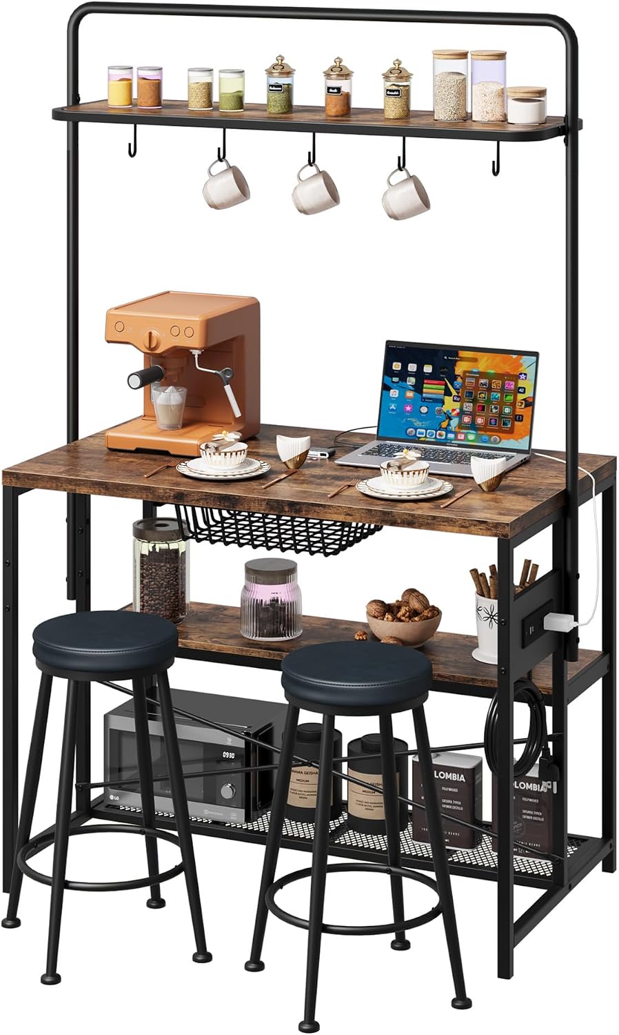 Garvee 3-Tier Small Kitchen Island with Power Outlet&2 Bar Stools, Vintage | Industrial Bakers Rack with 5 Hooks, adjustable Microwave Stand Coffee Bar Table for Dining Room, Living Room, Apartment