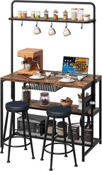 Garvee 3-Tier Small Kitchen Island with Power Outlet&2 Bar Stools, Vintage | Industrial Bakers Rack with 5 Hooks, adjustable Microwave Stand Coffee Bar Table for Dining Room, Living Room, Apartment