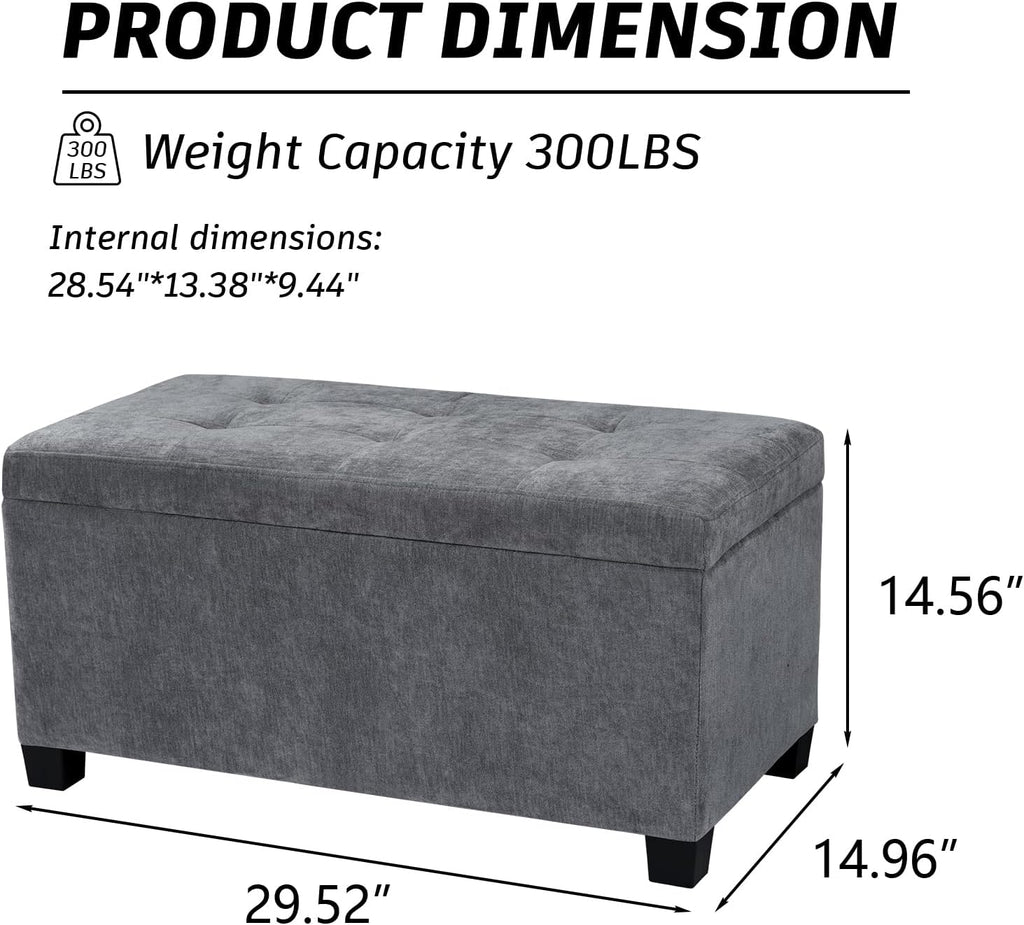 29.5 in Gray Linen Storage Ottoman with Reversible Tray Top | Rectangular Storage Bench, Upholstered Foot Rest Ottoman with Hidden Storage, Coffee Table for Living Room Bedroom Entryway
