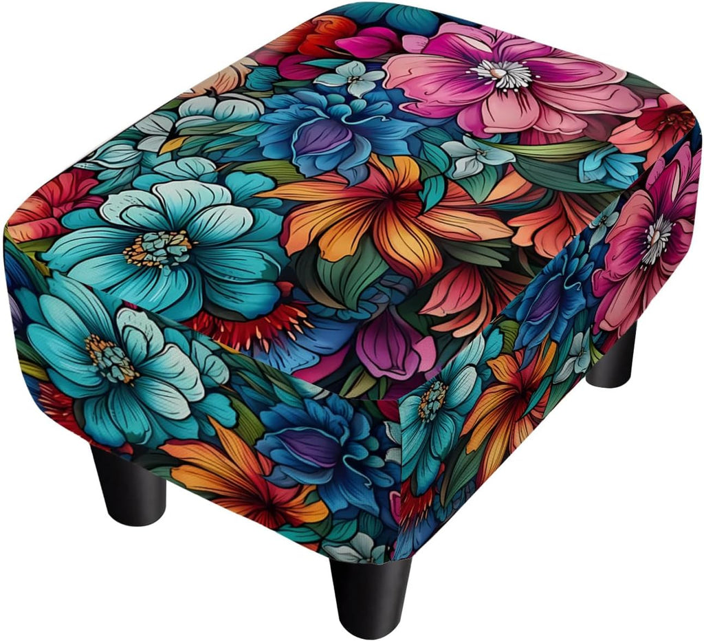 Flower Linen Ottoman Small Footstool with Legs for Living Room Bedroom | vintage floral small foot rest,extra seating,small foot rest for couch,entryway bench,shoe bench