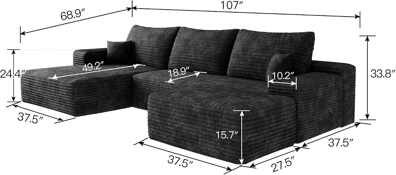 107" W Corduroy Sectional Boneless Cloud Couch with Chaise & Ottoman, No Assembly Required, U Shaped Modular Sectional Sofa, Cozy Fluffy Sofa for Living Room (Black, Left Facing Chaise+Ottoman)