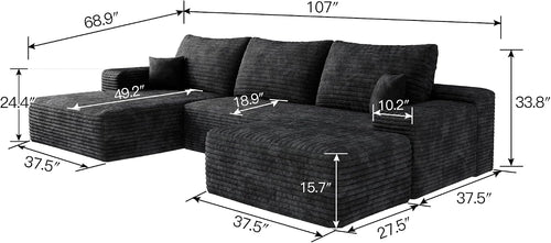 107" W Corduroy Sectional Boneless Cloud Couch with Chaise & Ottoman, No Assembly Required, U Shaped Modular Sectional Sofa, Cozy Fluffy Sofa for Living Room (Black, Left Facing Chaise+Ottoman)