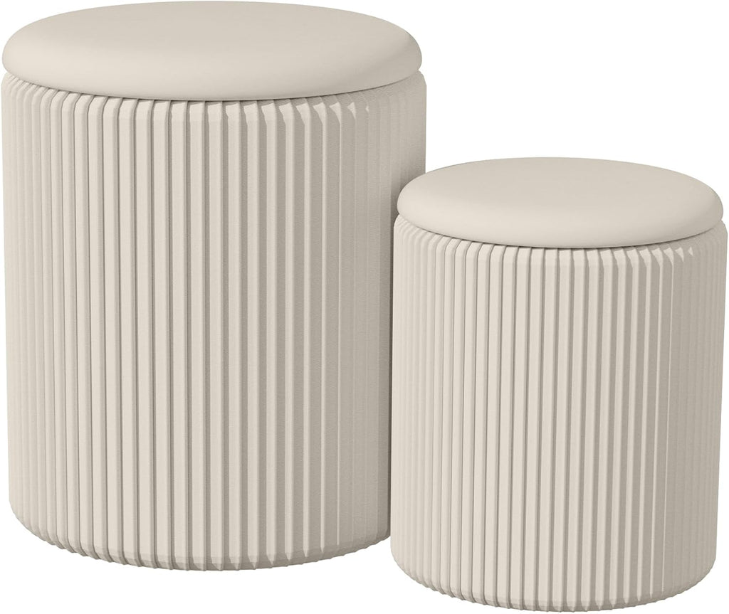 Round Ottoman with Storage Set of 2, Breathable Cotton & 300LBS Engineered Wood Frame, Nesting Side Table with Blanket Storage, No Assembly Cozy Vanity Stools for Living Room, Beige