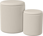 Round Ottoman with Storage Set of 2, Breathable Cotton & 300LBS Engineered Wood Frame, Nesting Side Table with Blanket Storage, No Assembly Cozy Vanity Stools for Living Room, Beige