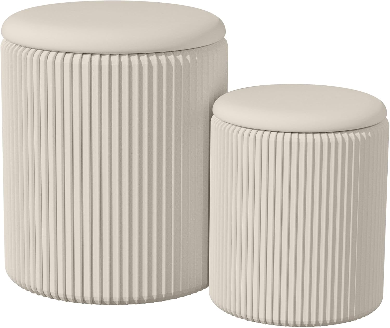 Round Ottoman with Storage Set of 2, Breathable Cotton & 300LBS Engineered Wood Frame, Nesting Side Table with Blanket Storage, No Assembly Cozy Vanity Stools for Living Room, Beige