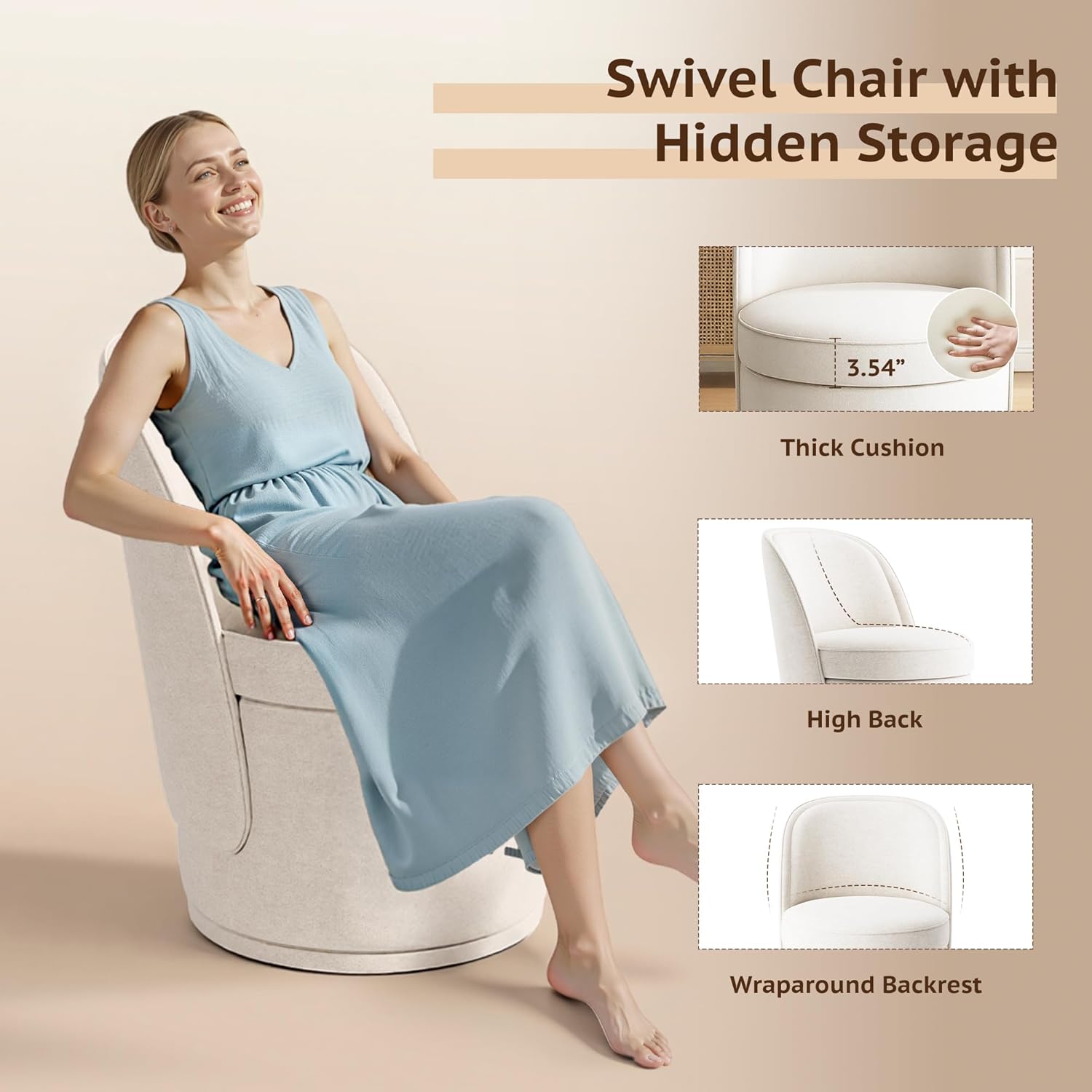 MALOL Swivel Accent Chair, 360° Swivel Chair with Hidden Storage, Modern Small Barrel Swivel Armchair for Living Room/Bedroom, Beige
