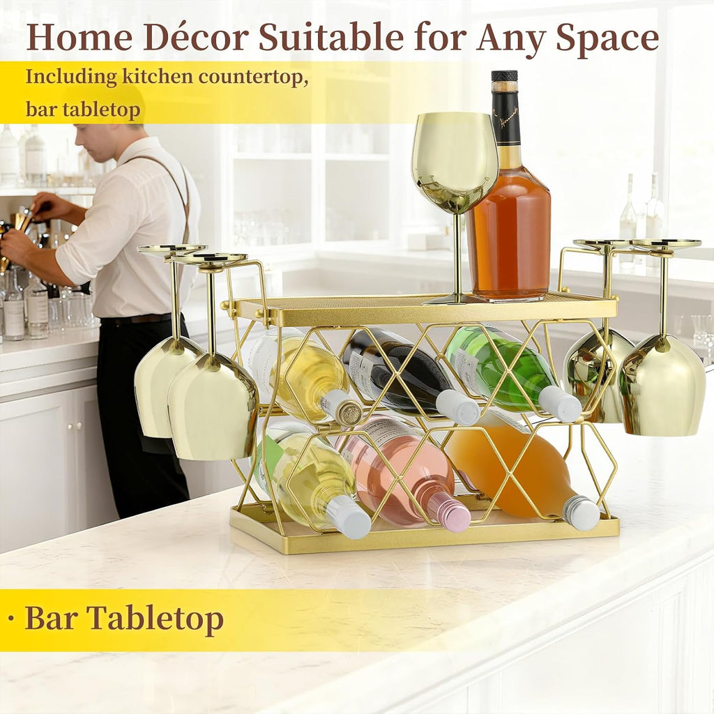 Countertop Wine Rack Organizer - Holds 6 Oversized Bottles & 4 Glasses | Freestanding Small Metal Bottle Holder, Perfect for Home Décor, Kitchen Storage and Cabinet | No Assembly（Gold）