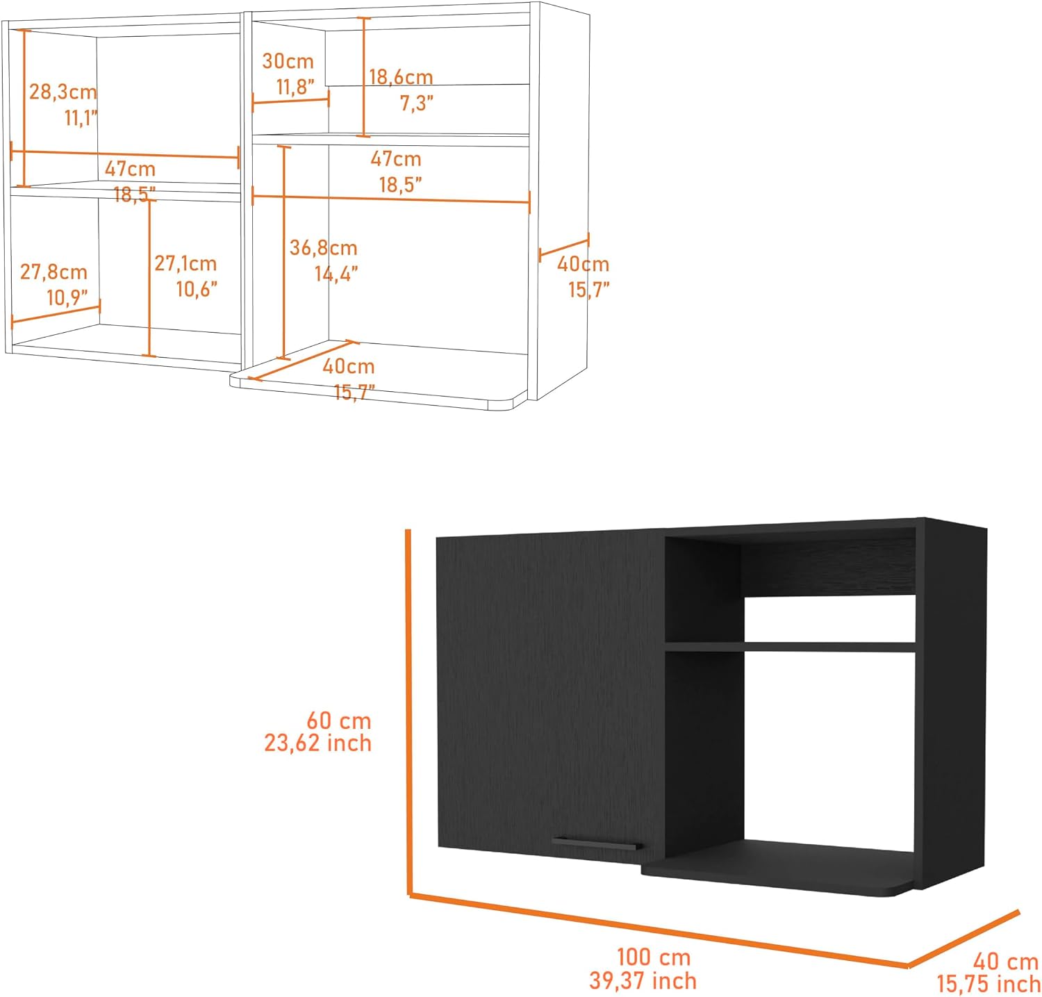 Oklahoma 2 Wall Cabinet - 2 Door Stackable, Black - Pantry Storage for Small Kitchens