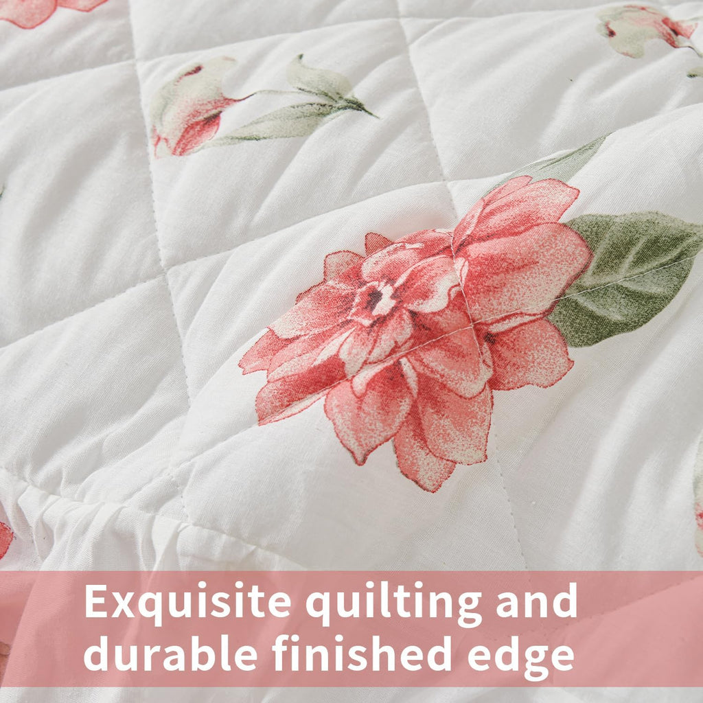Ruffled Comforter Set King with Attached Bed Skirt, 3 Piece Skirted Comforter Bedding Set, Shabby Chic Floral French Country Comforter with Bedskirt Ruffled Dust Ruffle Design for Farmhouse Bedroom