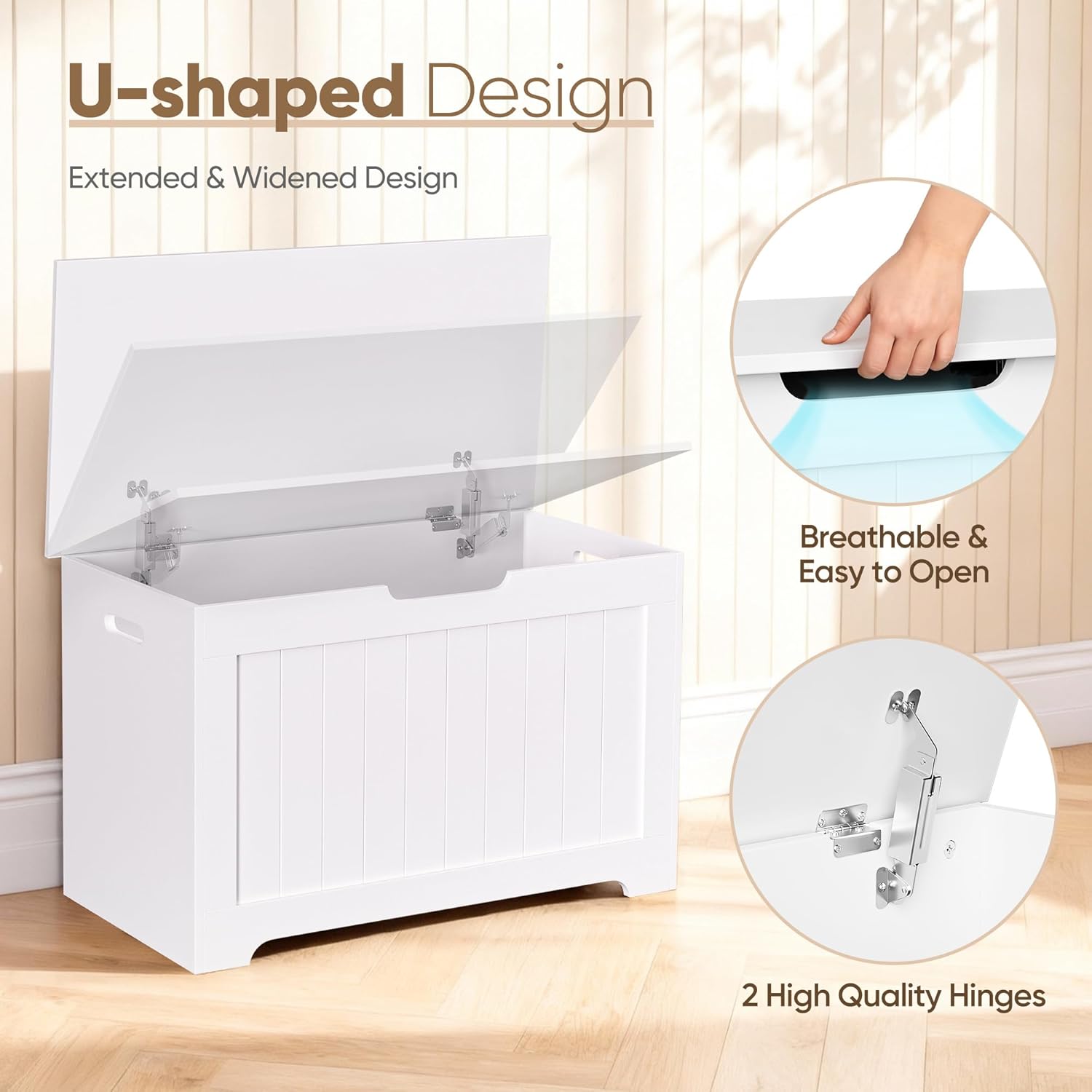 Storage Chest with Flip-top Lid, Large Wood Trunk Bench with Safety Hinge, Bedroom Living Room Clothes Blanket Organizer Bin with 100L Storage Area, White