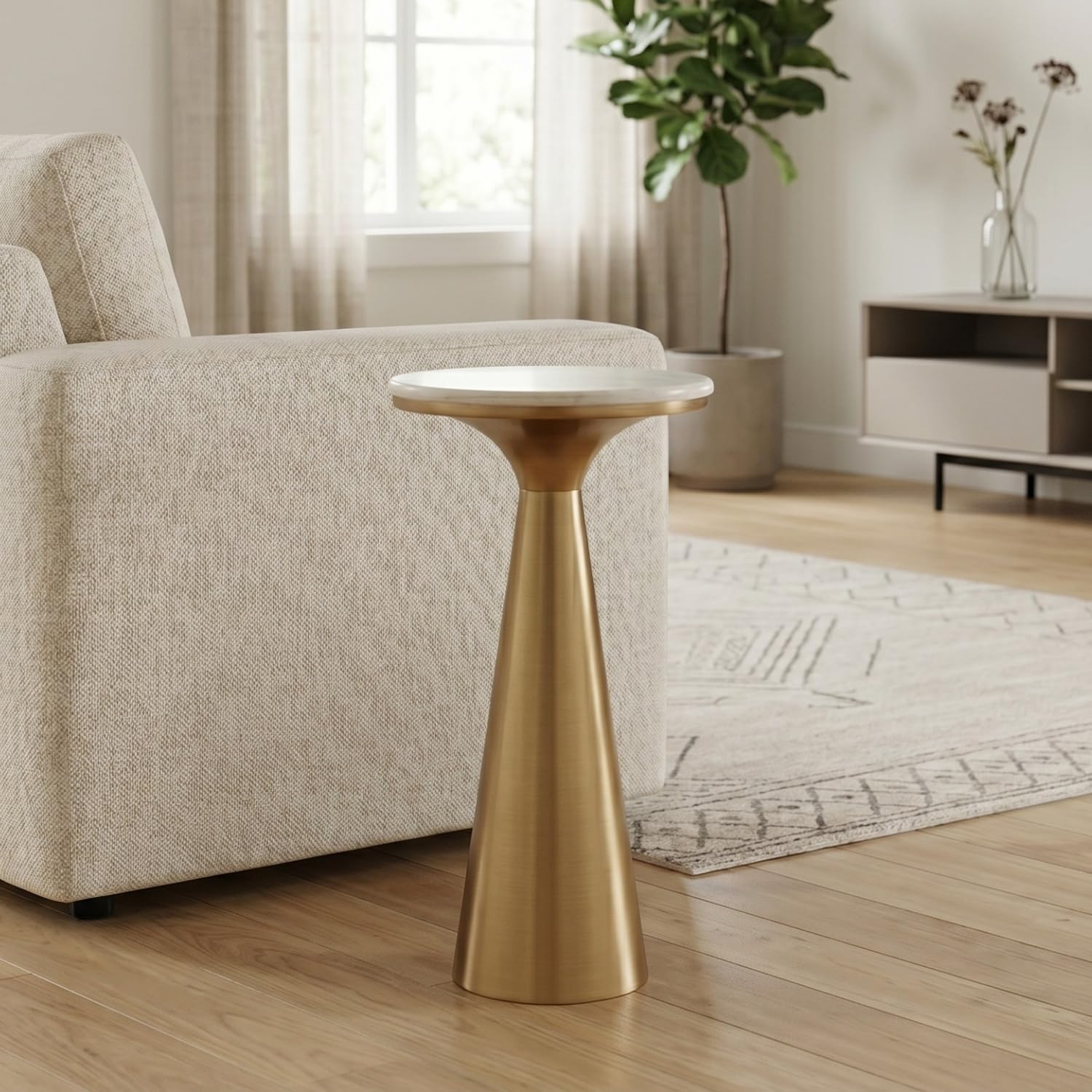 Modern White Marble Top Accent Drink Table with Brushed Gold Nickel Pedestal Base, Boho Circle Table, Decorative End Table, Use as Small Plant Stand for Living Room, Bedroom, or Entryway,Assembled