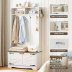 HOOBRO Hall Tree with Bench, Entryway Bench with Coat Rack and Shoe Cabinet, Flip Drawers, Farmhouse Hall Tree with Shoe Organizer, Mud Room, White and Walnut WH85MT01