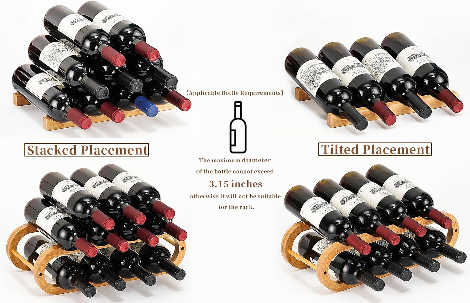 Wine Rack for Cabinet and Countertop - Adjustable in 2 Sizes - 3 Pack (2 Tier + 1 Tier+1 Tier) (Bamboo, Natural)