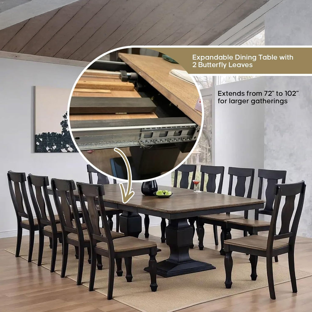 Kings Brand Furniture Alleyton 11-Piece Dining Table Set for 10, Extendable Kitchen & Dining Room Set with 2 Butterfly Leaves & 10 Chairs, Charcoal & Oak Finish
