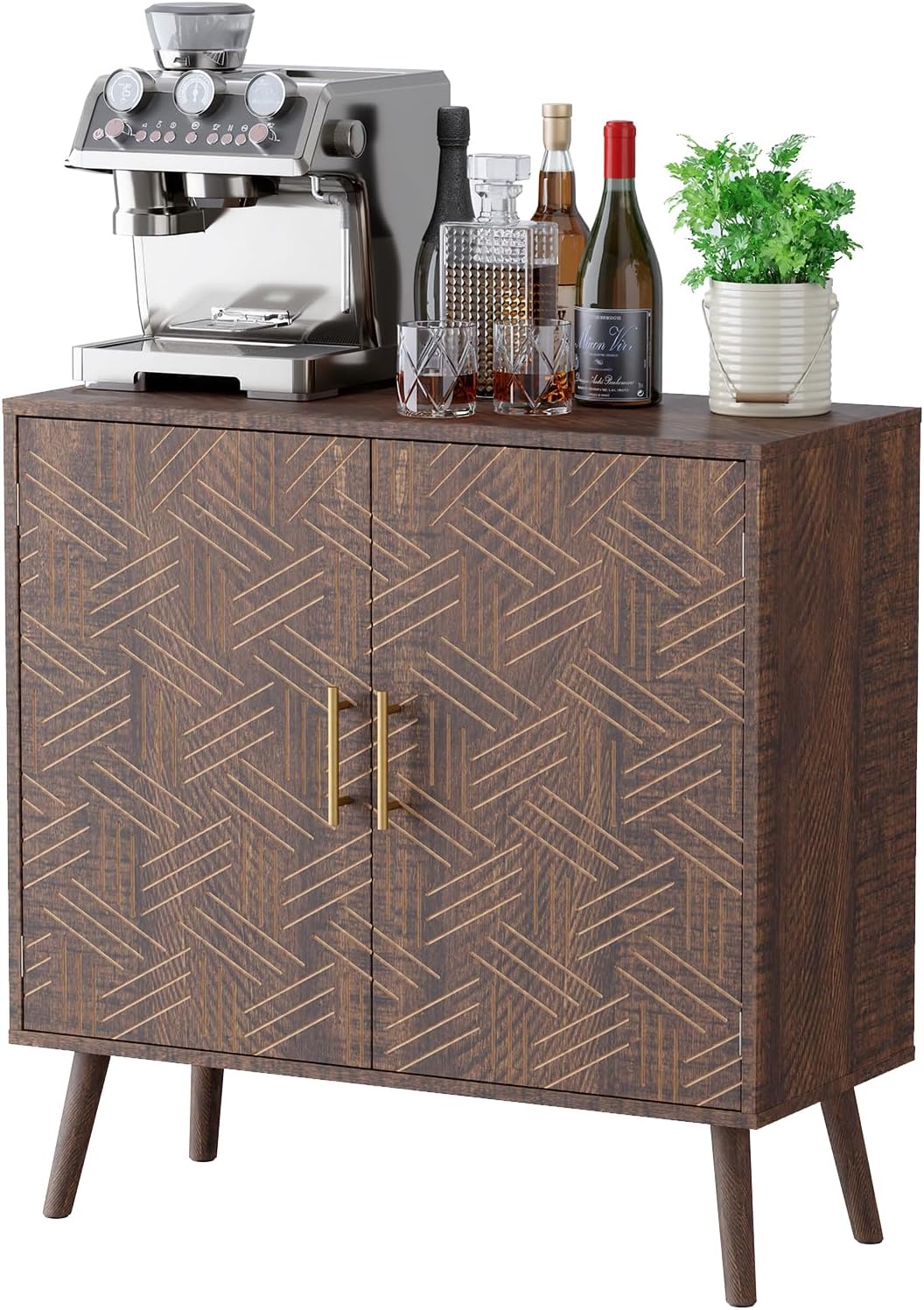 Sideboard Buffet Cabinet with Storage, Elegant Wood Accent Cabinet with Line Groove Design, Freestanding Storage Cabinet with Adjustable Shelves for Living Room, Kitchen, Entryway, Walnut