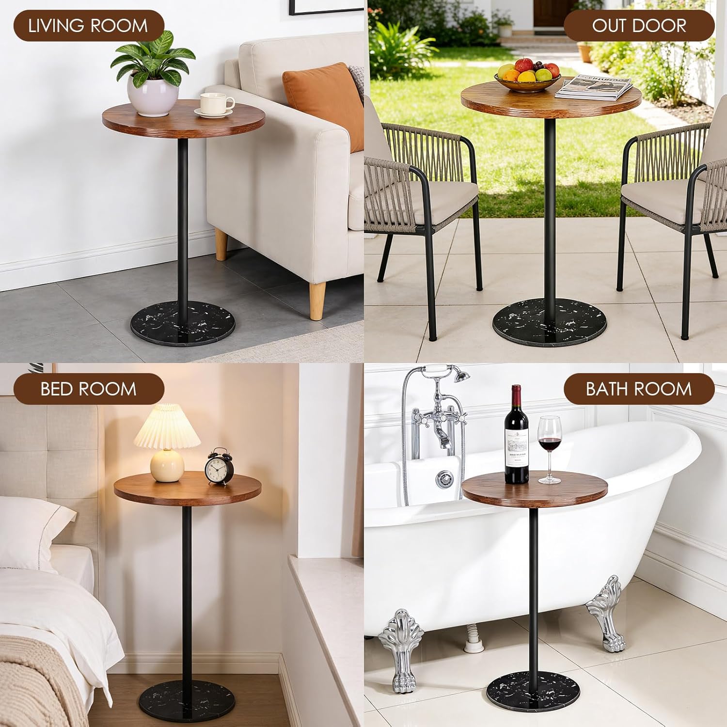 Side Table, Round End Table, Small Drink Table for Small Spaces, Modern Accent Nightstand with Natural Marble Base for Living Room, Bedroom,Bathroom Corners, and Office (Rustic Brown)